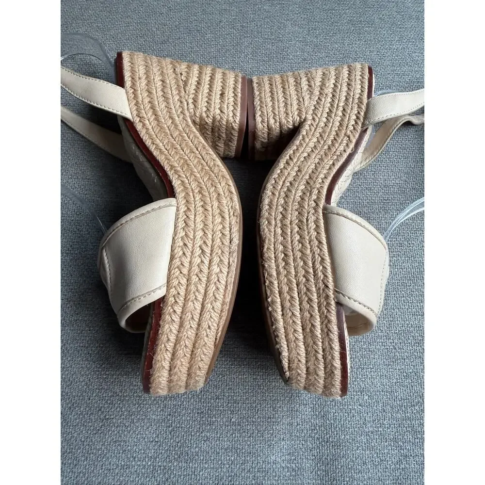 Tory Burch Fleming Nappa Leather Platform Espadrille Wedge Sandals Cream Sz 8.5